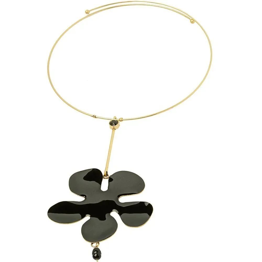 PILGRIM Goldtone Glossy Black Enamel Flower Pendant Choker